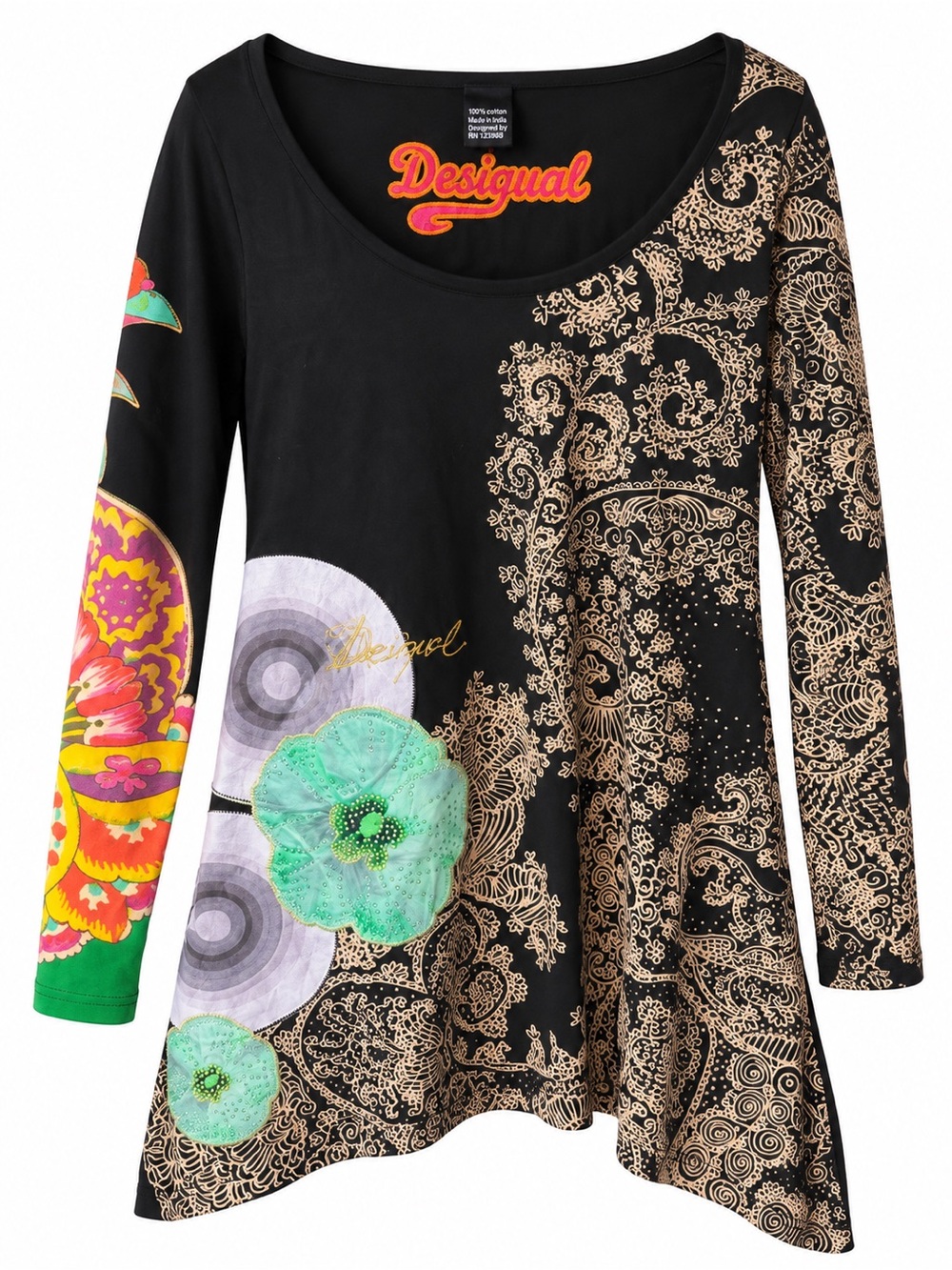 Desigual Black Multicolor Paisley & Floral Long Sleeve Scoop Top